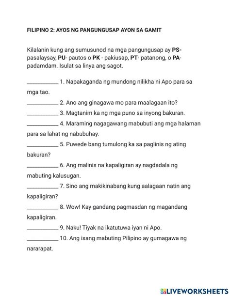 ayos ng pangungusap worksheet|Ayos ng Pangungusap exercise .